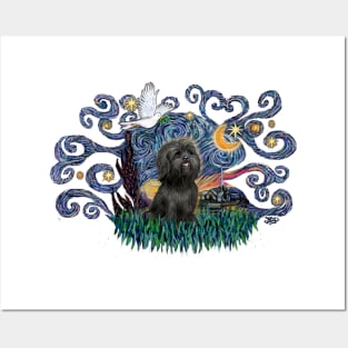 Adorable Black Shih Tzu in Starry Night (inspired by) Posters and Art